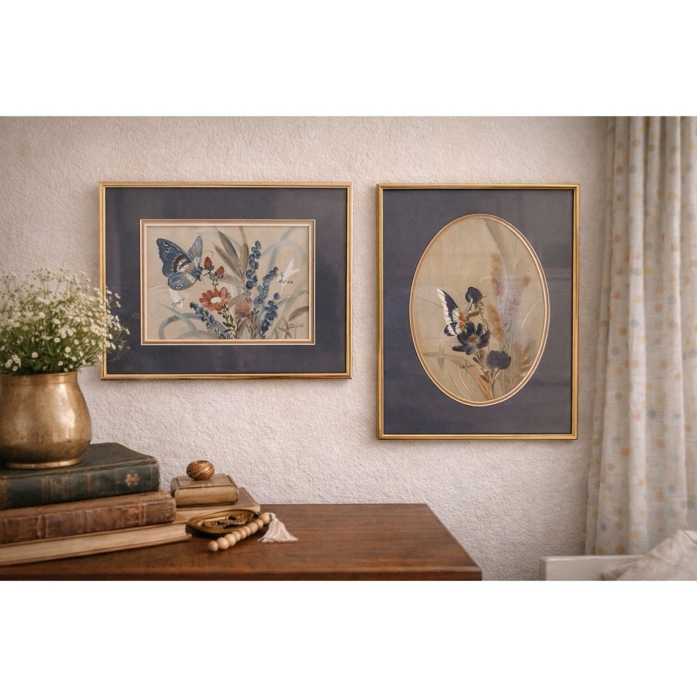Vintage Watercolor Butterfly Painting Pair | Gold Framed | Artist Signed